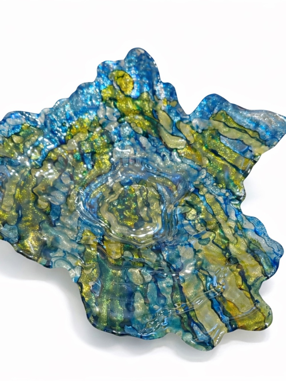 Large Iridescent Handcrafted Blue and Green Decorative Glass Art Bowl